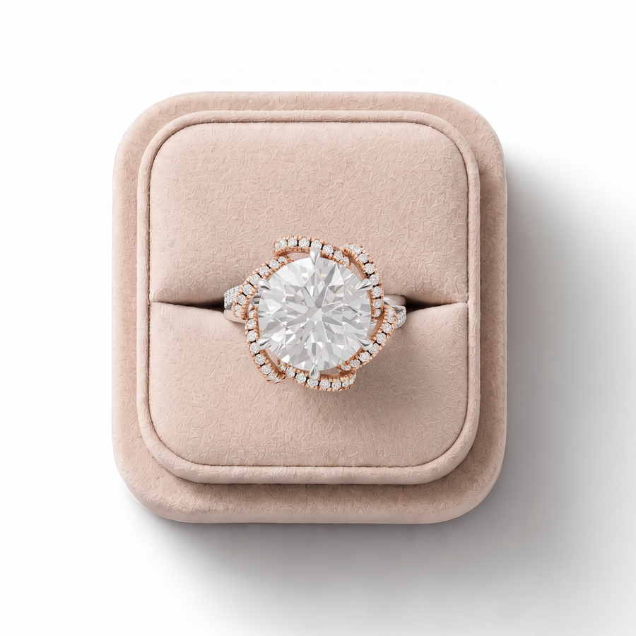 4.47 CT Round Lab Grown Diamond Swirl Halo Two-Tone Engagement Ring, on a white background