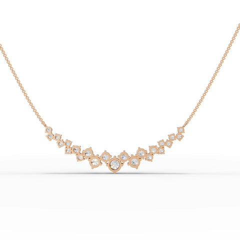 Graduated V-shape lab-grown diamond necklace featuring 18k gold, with varying sizes of round brilliant diamonds in a polished setting.