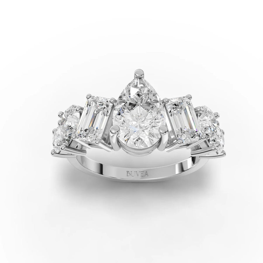 4.50 CT pear center multi-cut lab-grown diamond ring with emerald-cut side stones and round accents