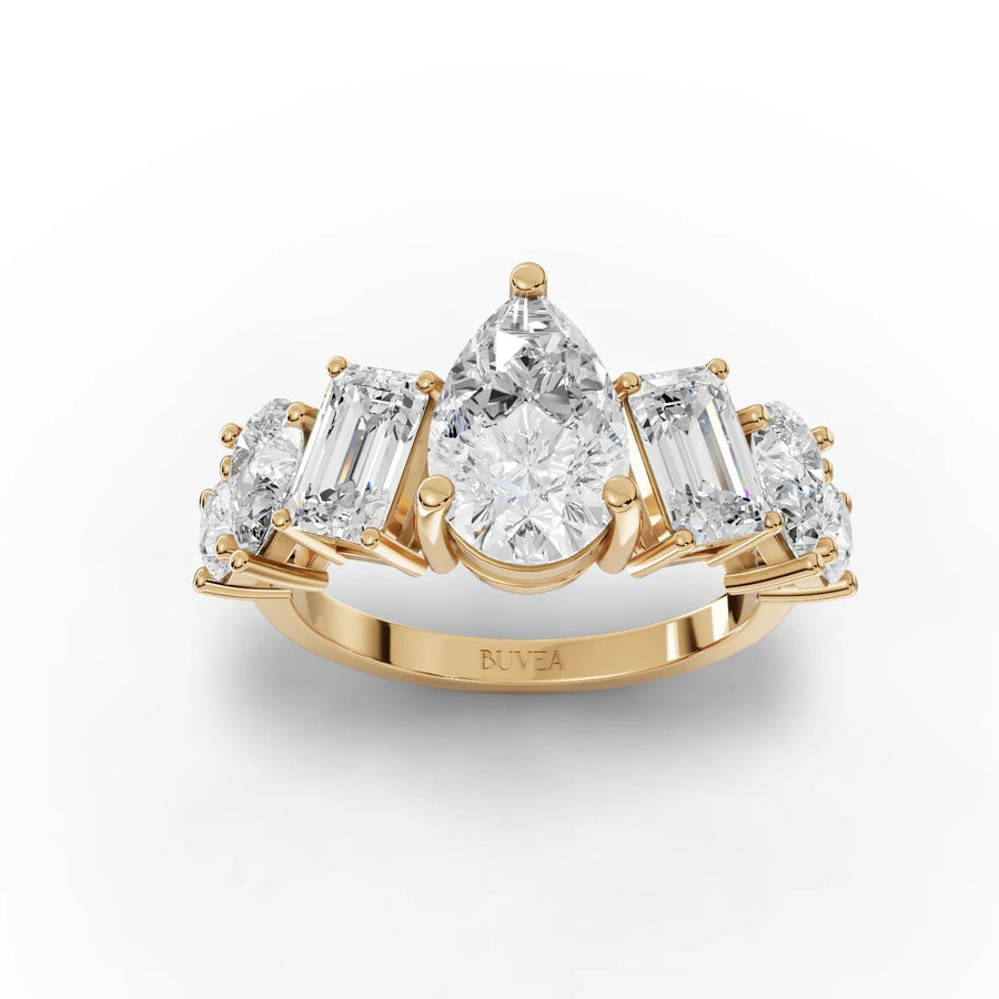 Pear center multi-cut lab-grown diamond ring yellow gold top view