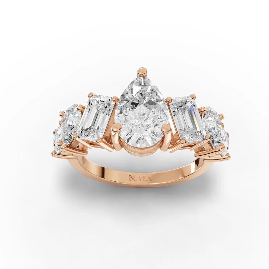 Pear center multi-cut lab-grown diamond ring rose gold top view