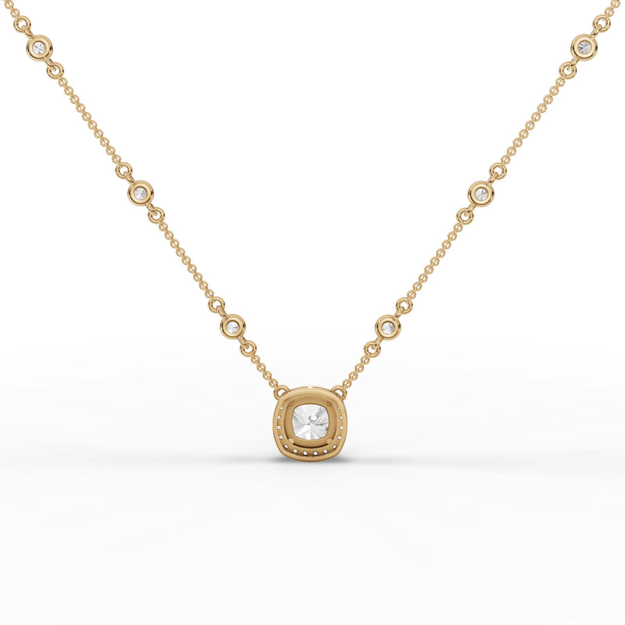Cushion halo diamond necklace yellow gold angle