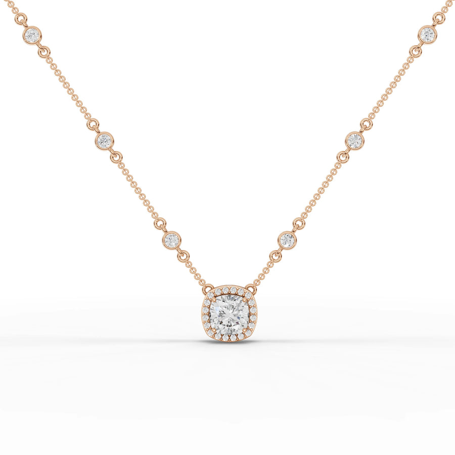 4.36 CT lab-grown diamond cushion halo necklace rose gold front view