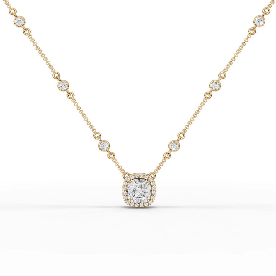 4.36 CT lab-grown diamond cushion halo necklace yellow gold front view