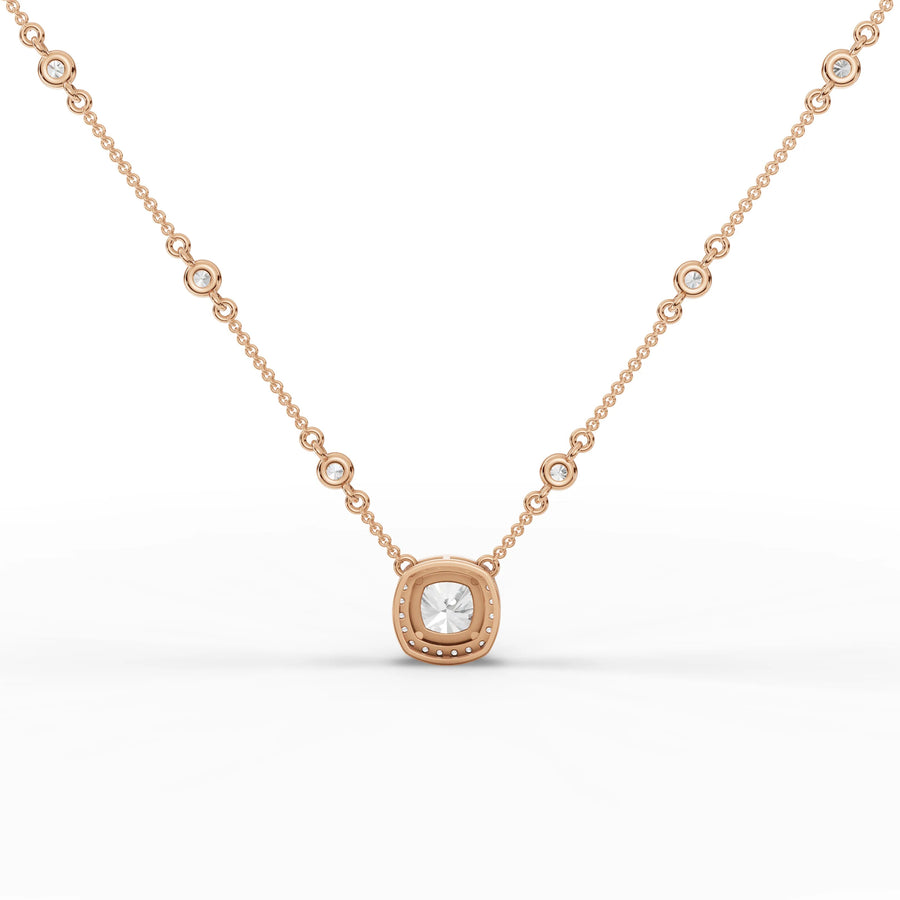 Cushion halo diamond necklace rose gold angle