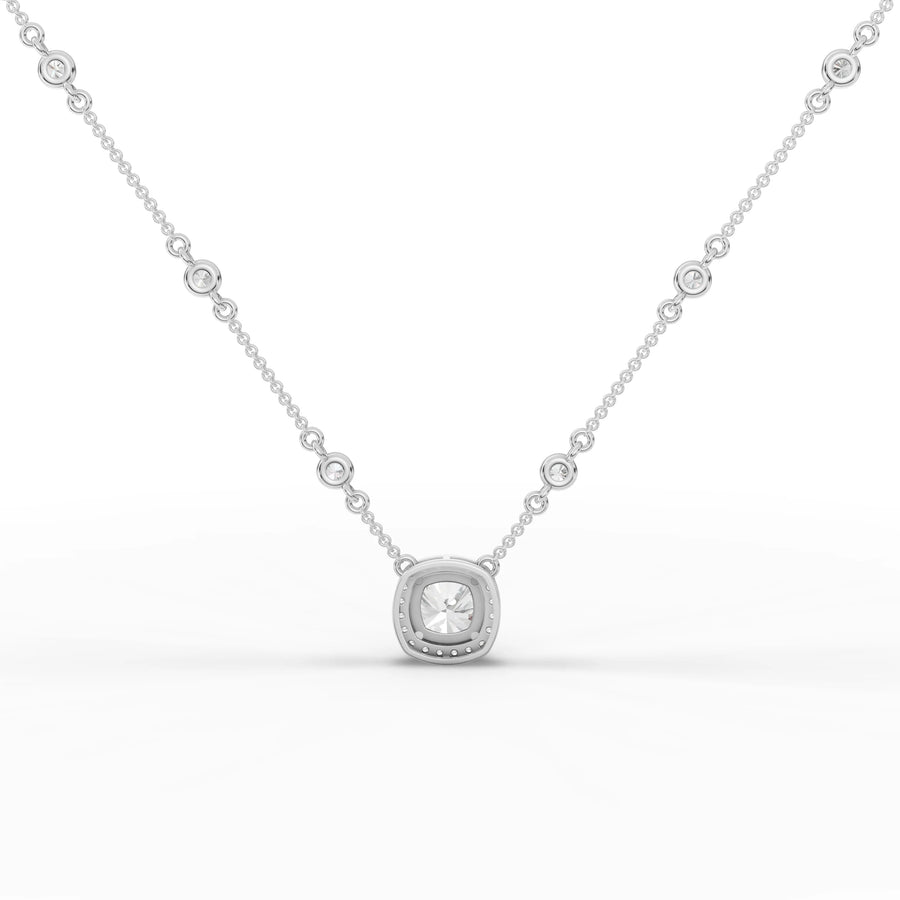 Cushion halo diamond necklace white gold angle
