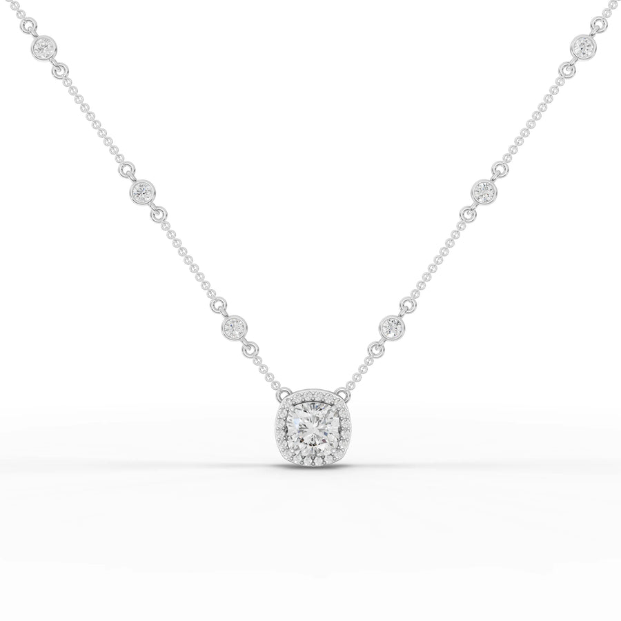 4.36 ct cushion halo lab diamond pendant with 1.5 ct center stone and bezel-set diamond chain accents