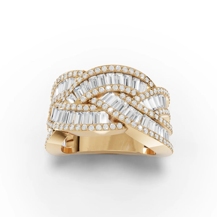 Woven multi-row lab-grown diamond ring yellow gold top view