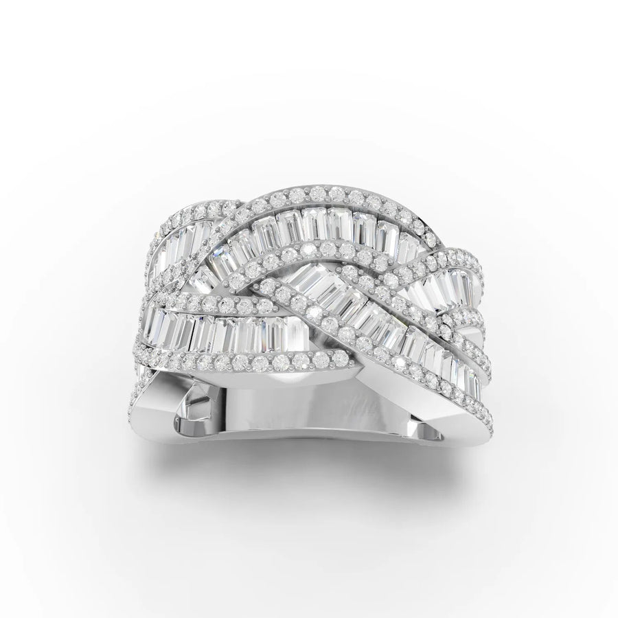 3.19 CT woven multi-row lab-grown diamond ring with round pavé rows and baguette channels on a broad band