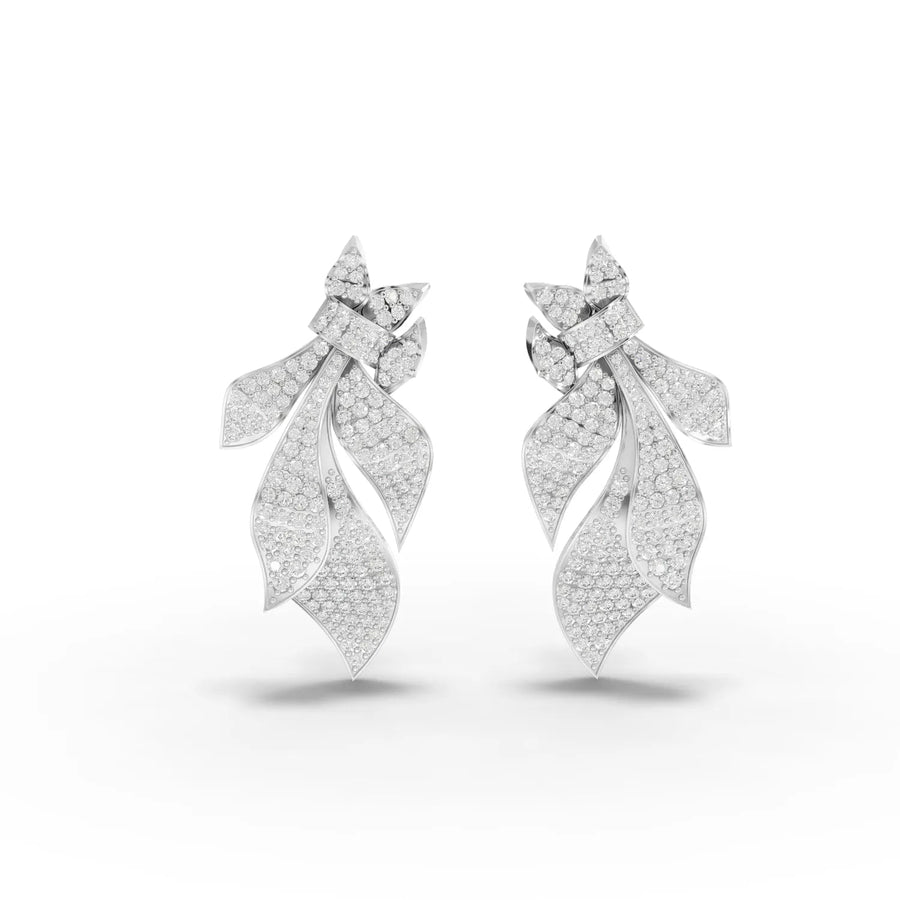 4.54 CT curved leaf pavé lab grown diamond statement earrings in 18k gold with round diamonds and screw backs