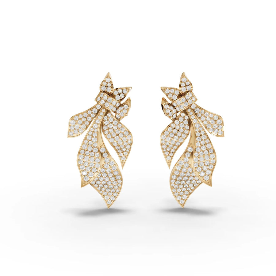 Yellow gold leaf pavé earrings