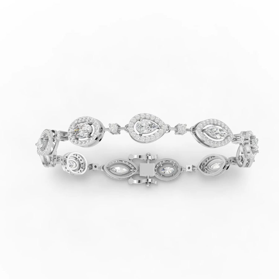 3.91 CT multi-shape halo lab diamond bracelet in 18K gold with pear, marquise, oval and round stations