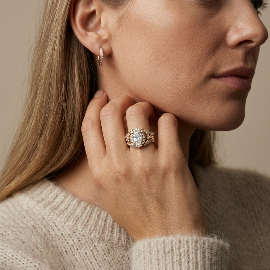 1.36 Ct Oval Halo With Side Band Set 1.00 Ct Center
