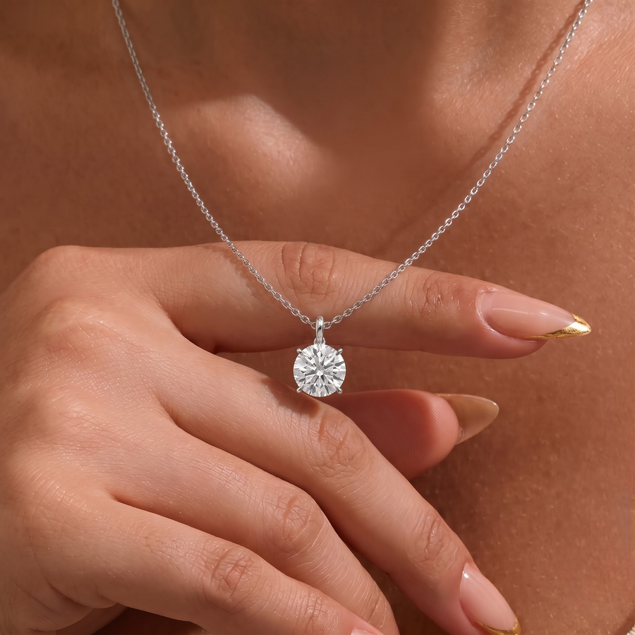 5.00 CT Round Solitaire Lab Grown Diamond Pendant Necklace, worn on the neck 2