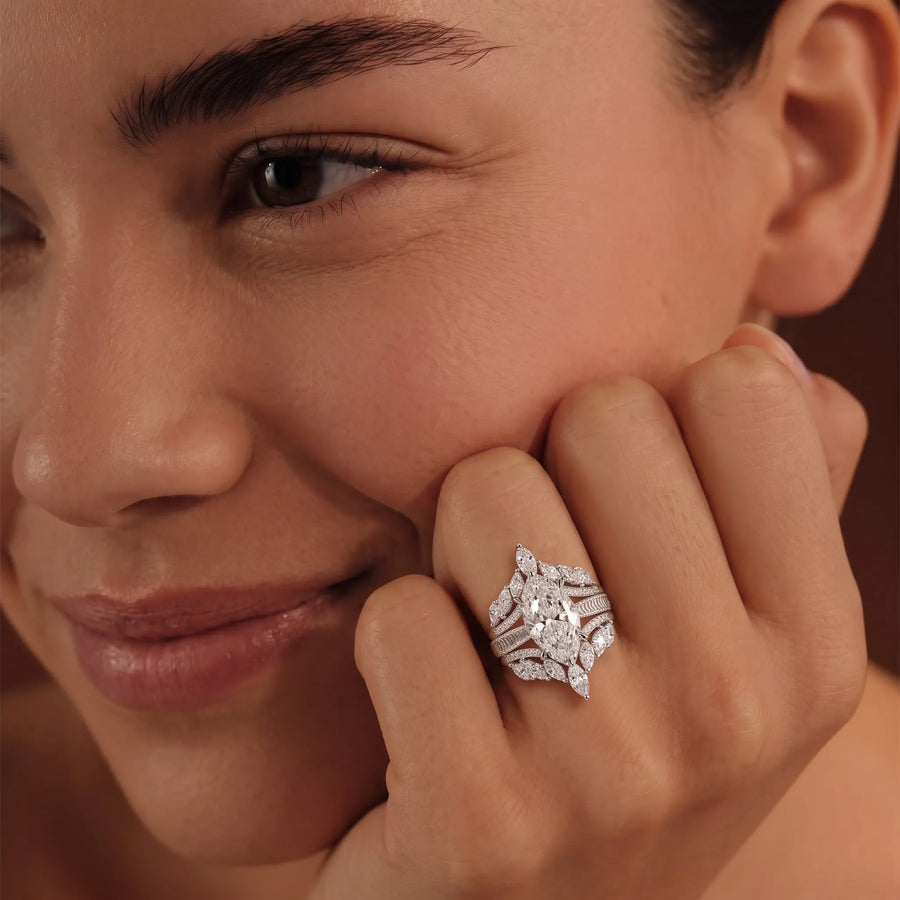 5.73 CT Marquise Halo Accent Lab Grown Diamond Bridal Set, worn on the hand 2