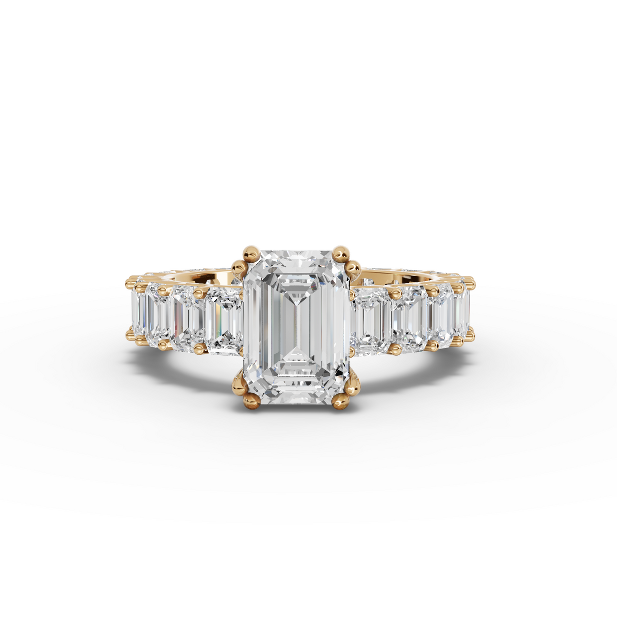 5.79 CT Emerald Solitaire With Side Stone Lab Grown Diamond Ring 2.00 CT Center in yellow gold