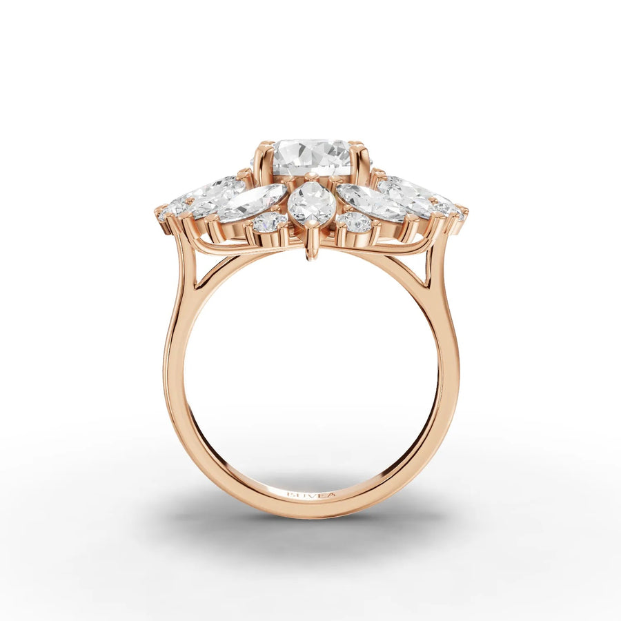 Round center marquise cluster ring rose gold close-up