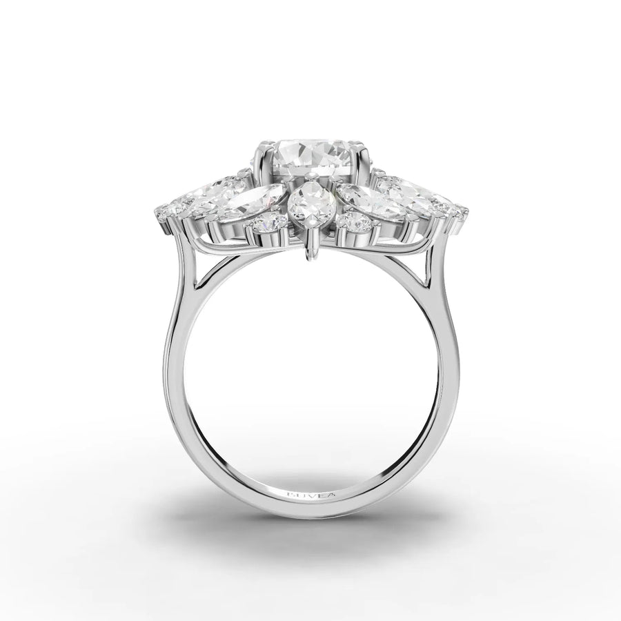 Round center marquise cluster ring white gold close-up view