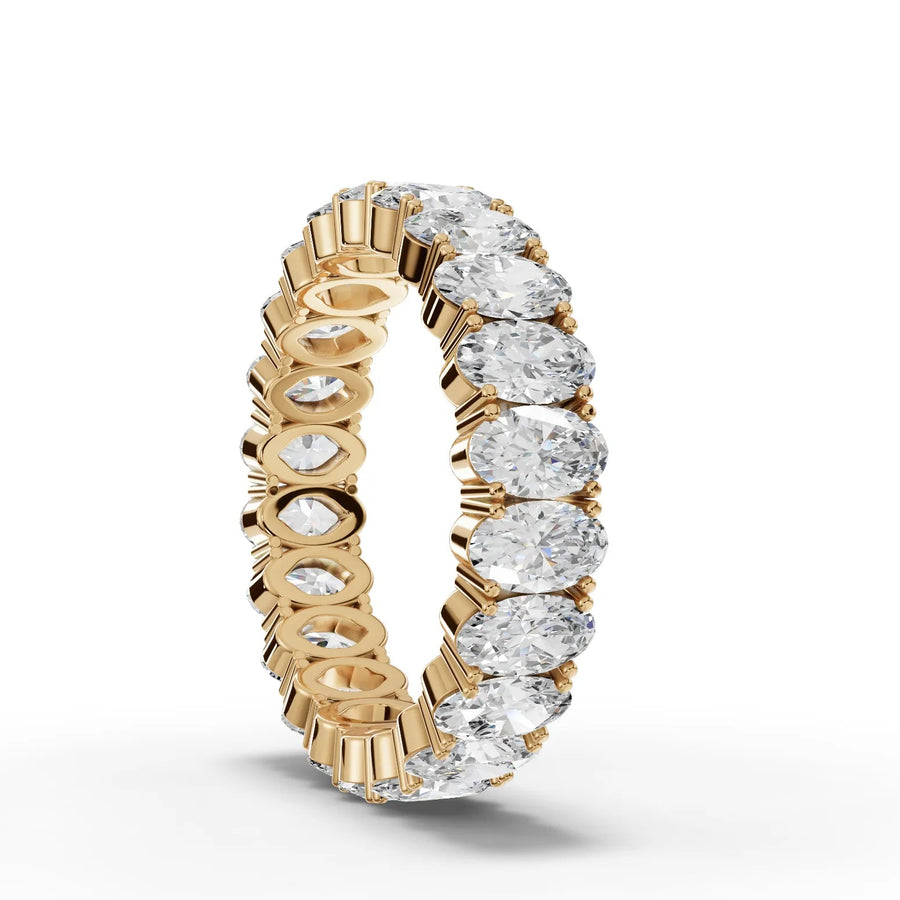 Oval cut lab-grown eternity band yellow gold close-up