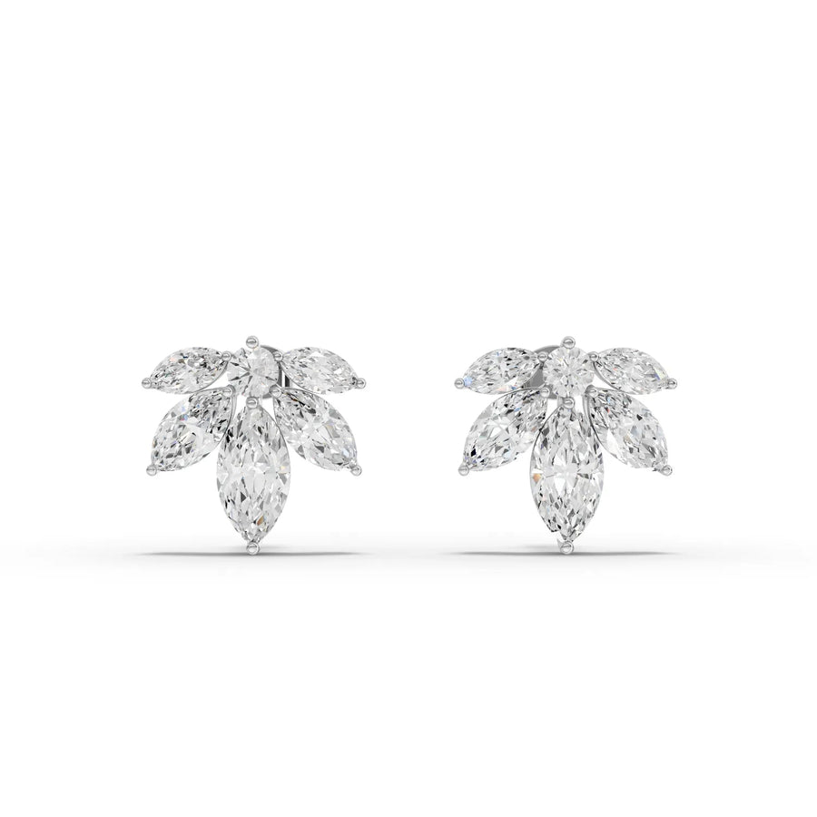 5.04 CT marquise floral lab grown diamond stud earrings in 18k gold with round centers and screw backs