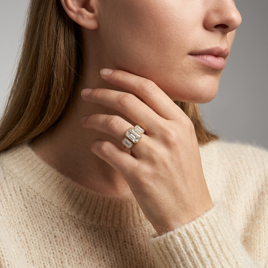 4.00 Ct Radiant Bezel Three Stone Ring 2.00 Ct Center