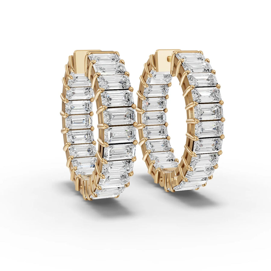 3.88 CT emerald cut lab-grown diamond hoop earrings yellow gold front
