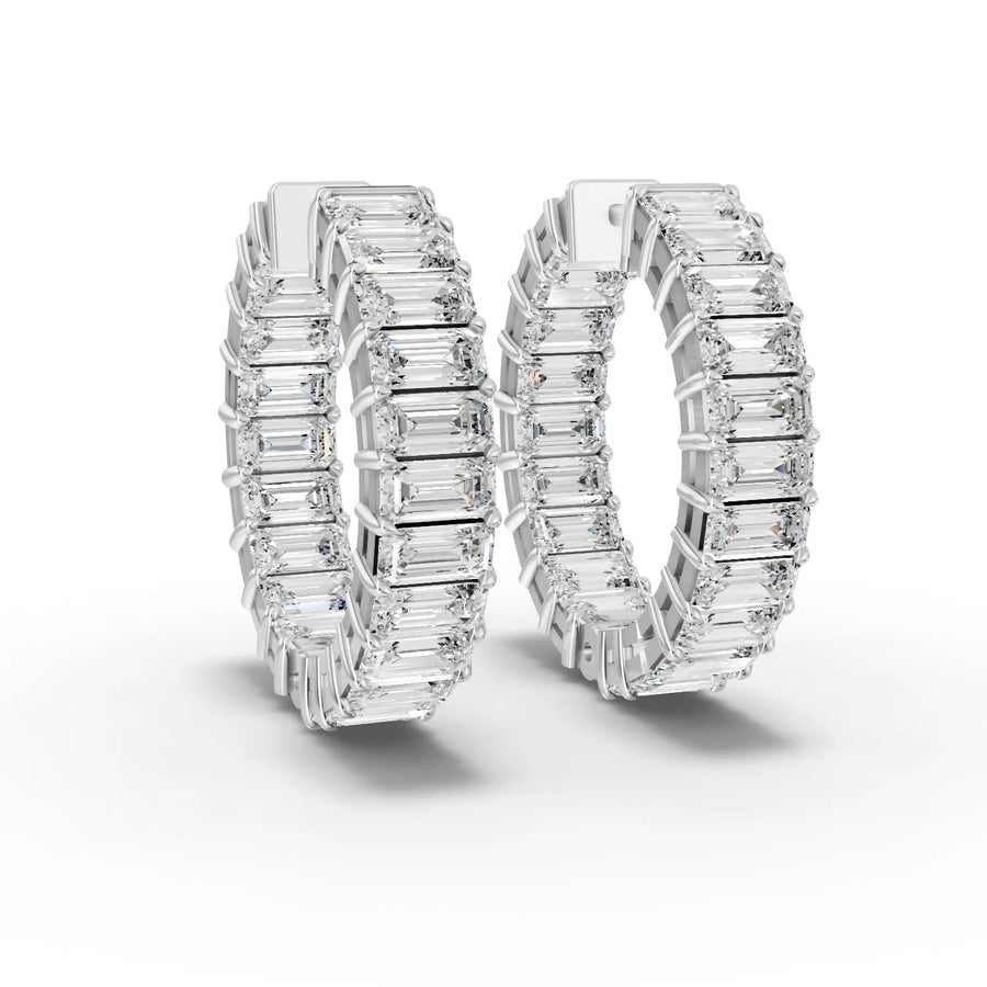 3.88 ct emerald cut lab grown diamond inside out hoop earrings with hinged closure and continuous linear setting