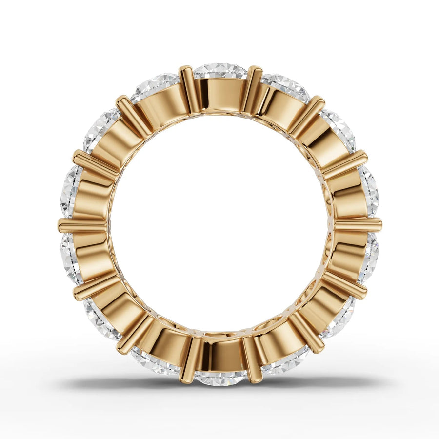 Round cut lab-grown eternity band yellow gold close-up