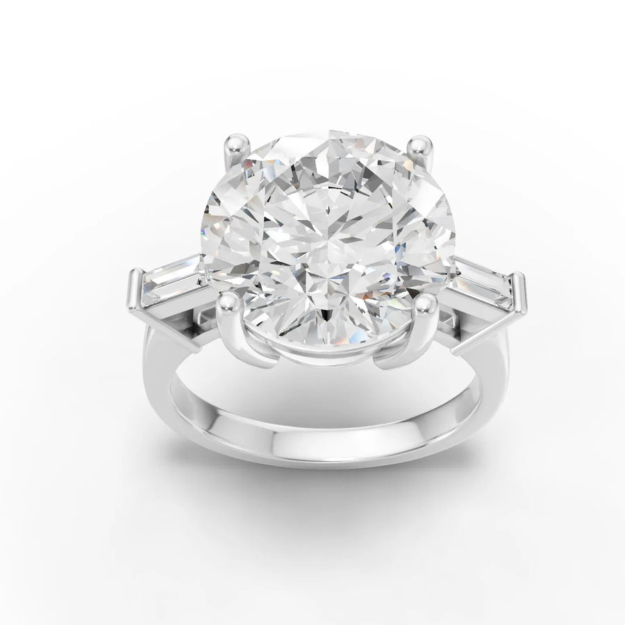 7.15 ct round solitaire lab diamond ring with 6.85 ct center and baguette side diamonds in 18kt gold
