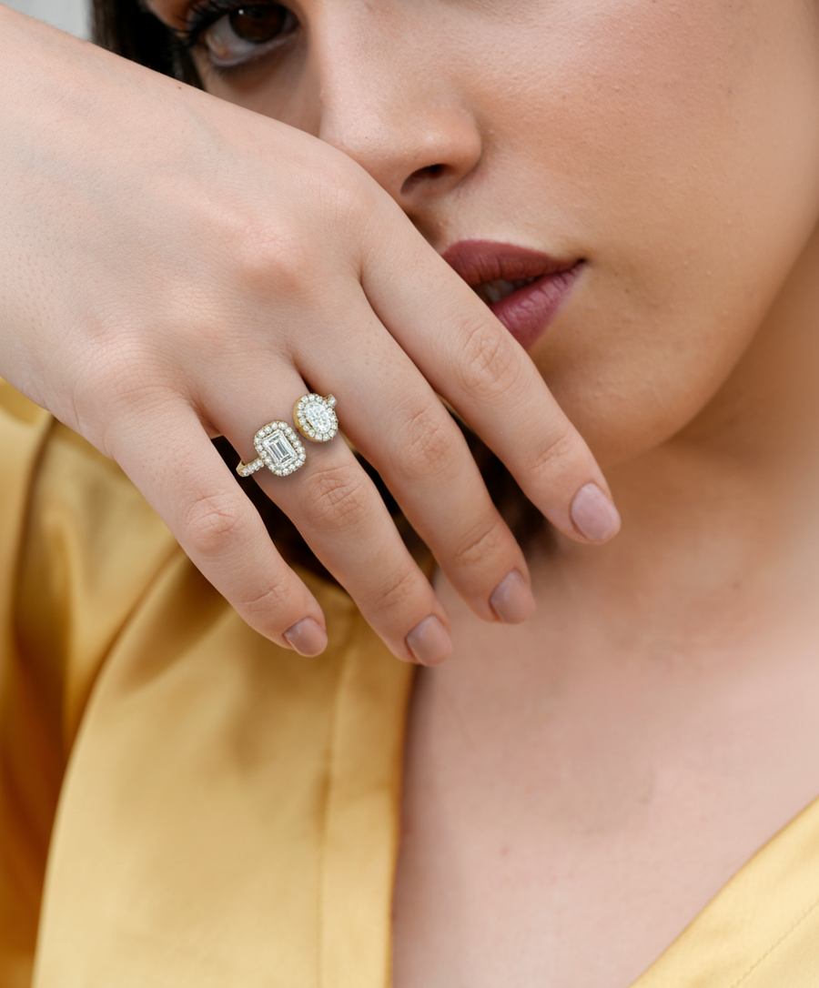 1.23 CT mismatched halo lab-grown diamond ring worn on hand