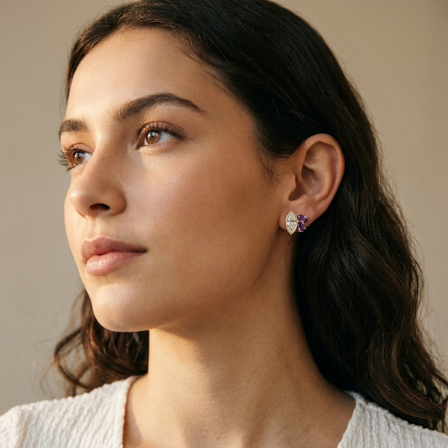 1.63 Ct Marquise Diamond & Amethyst Cluster Stud Earrings