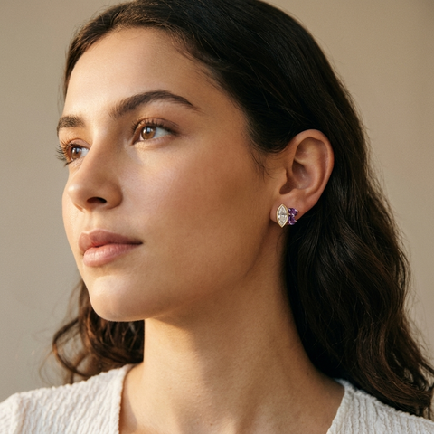 1.63 Ct Marquise Diamond & Amethyst Cluster Stud Earrings