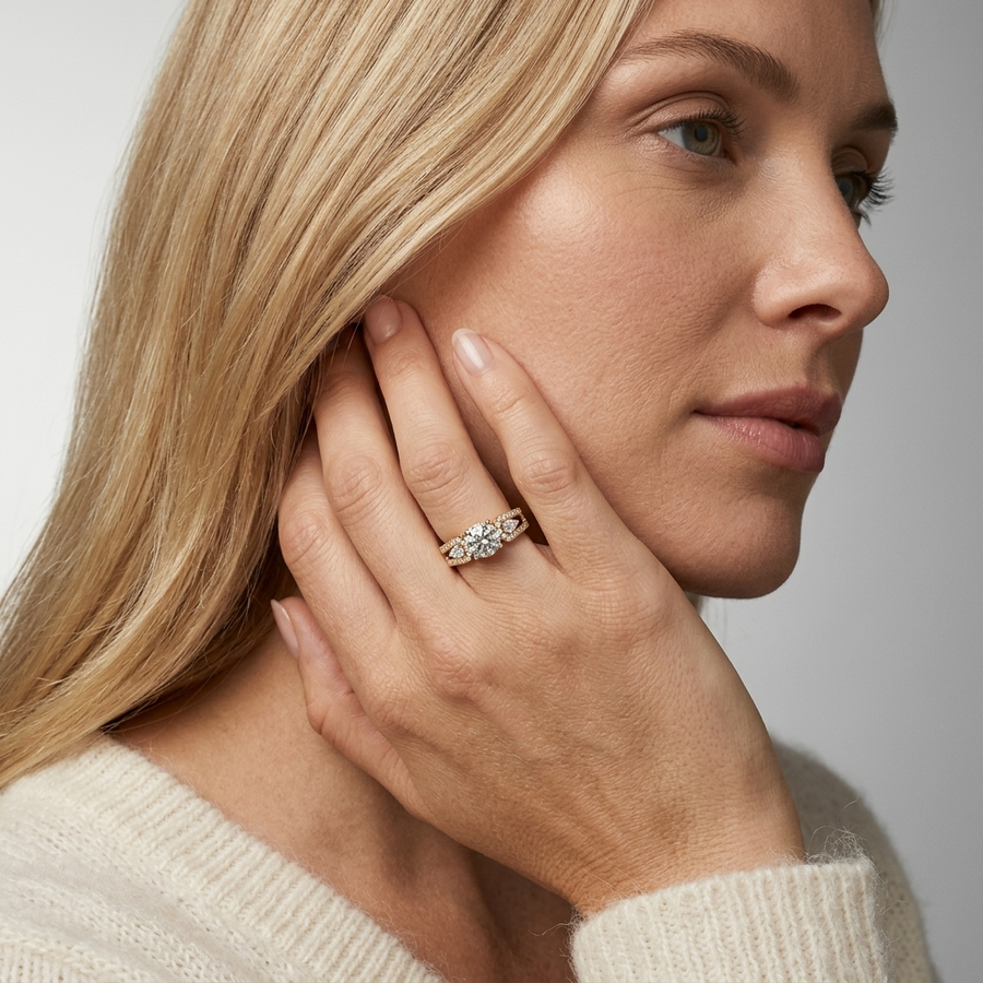 1.32 Ct Round Solitaire With Side Stone Ring 1.00 Ct Center