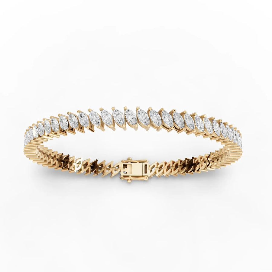 Lab-grown marquise tennis bracelet yellow gold close-up