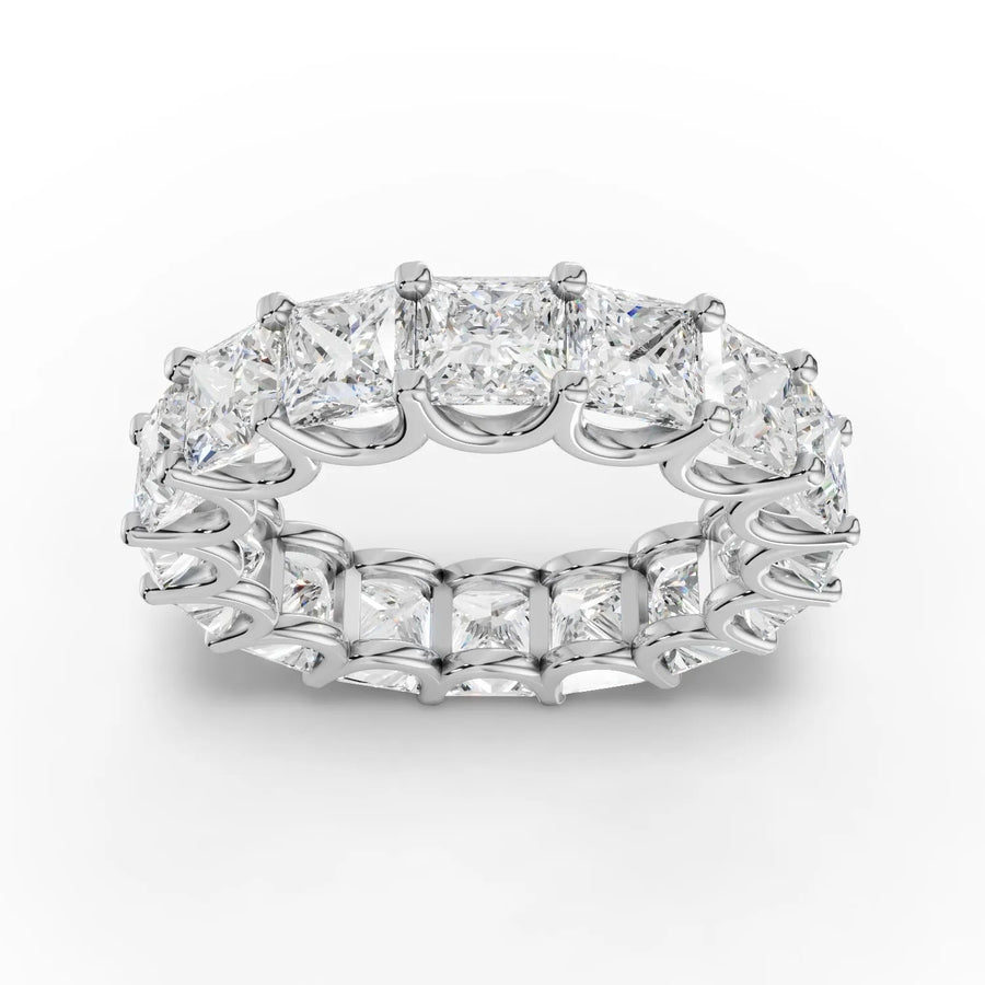 7.48 ct princess lab-grown diamond U-prong full eternity ring with square diamonds and continuous all-around sparkle