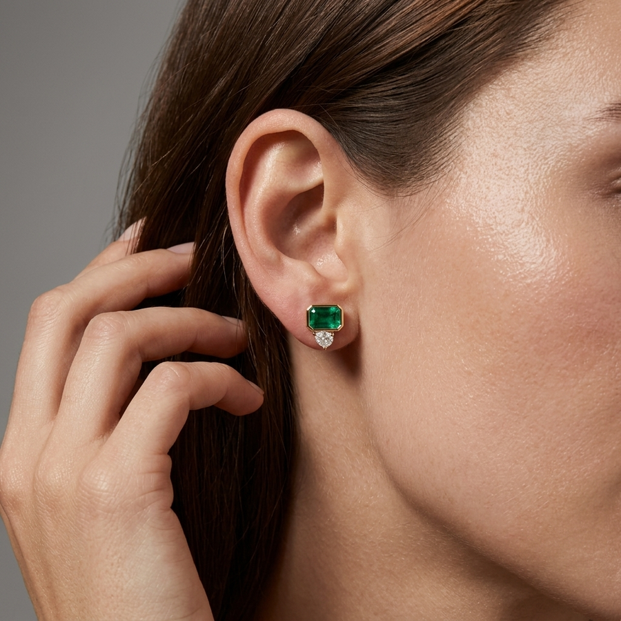 1.16 Ct Emerald Cut Green Stone Stud Earrings with Diamond Drop