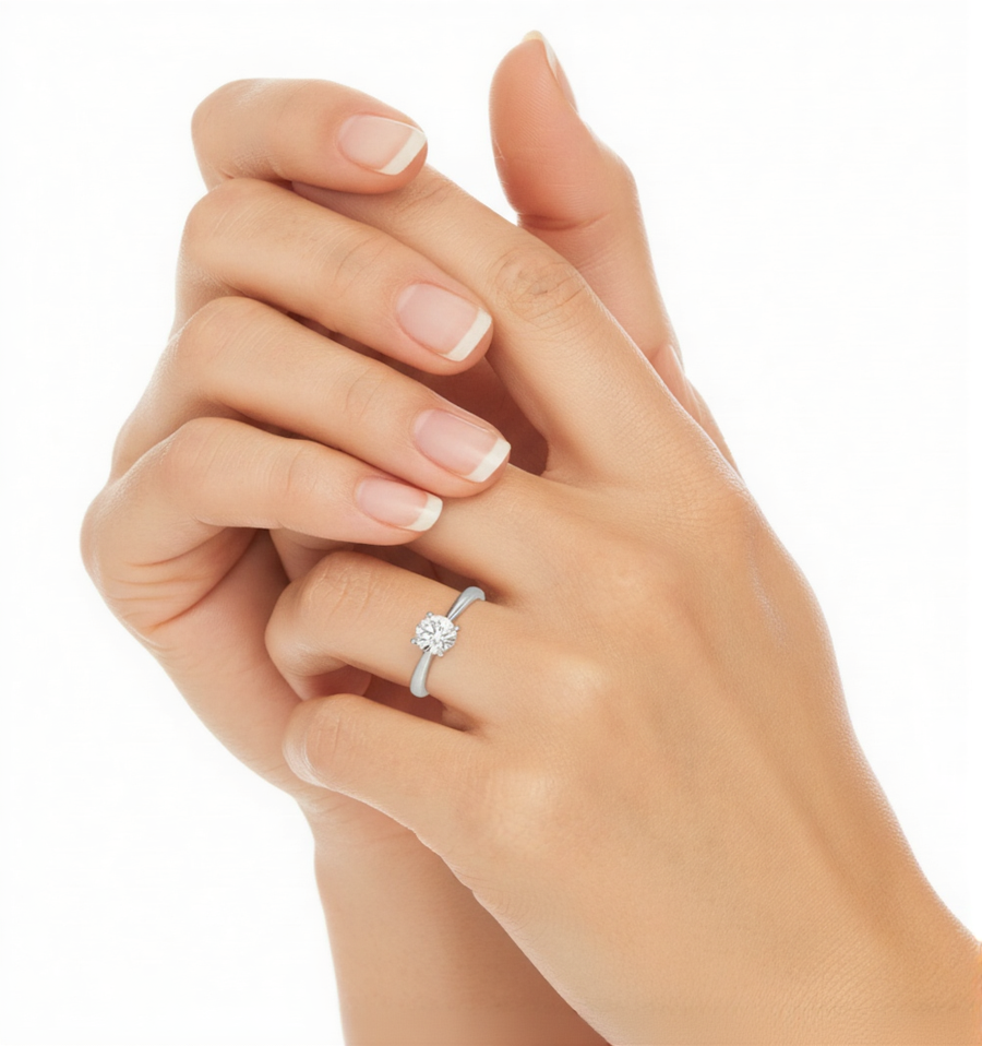 1.08 CT round lab-grown diamond ring worn on model