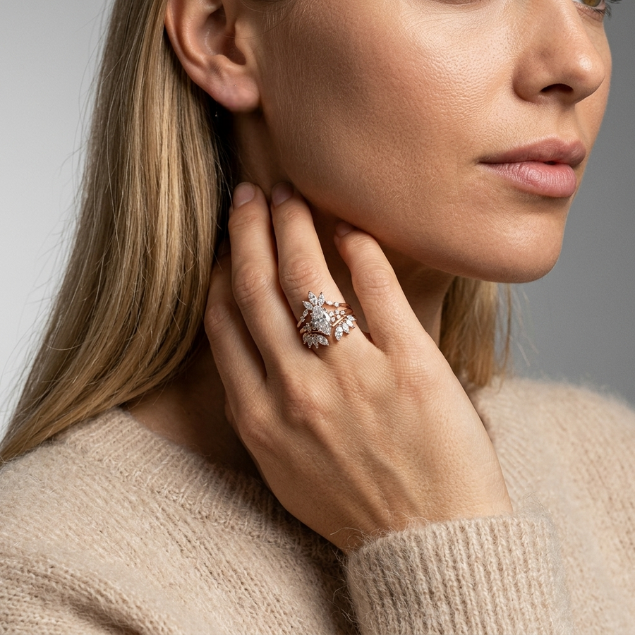 1.88 Ct Marquise Floral Halo Ring Set 1.00 Ct Center