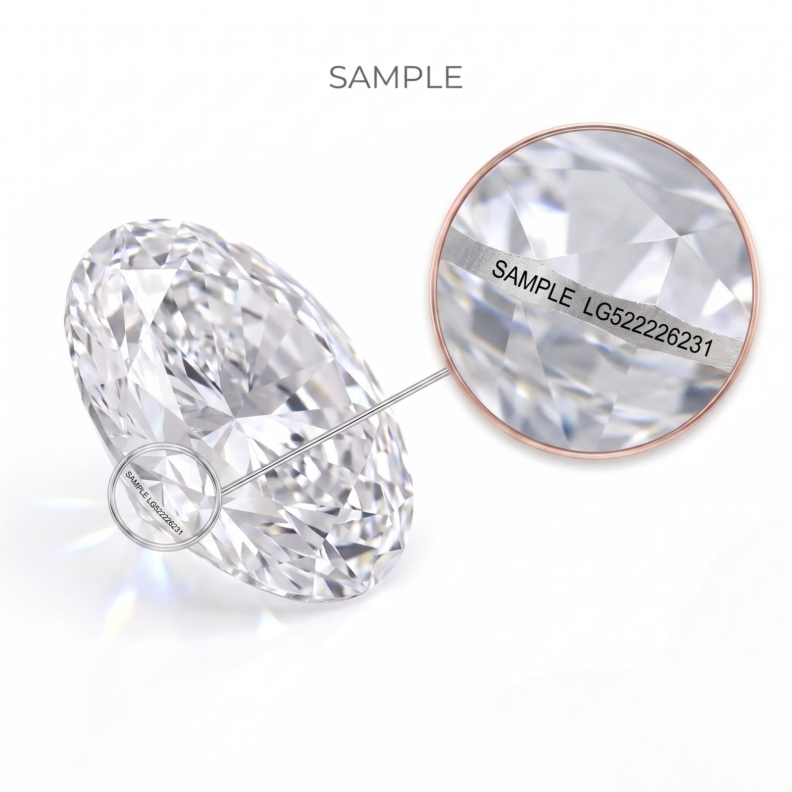 Macro view of a certified diamond girdle and report identification details