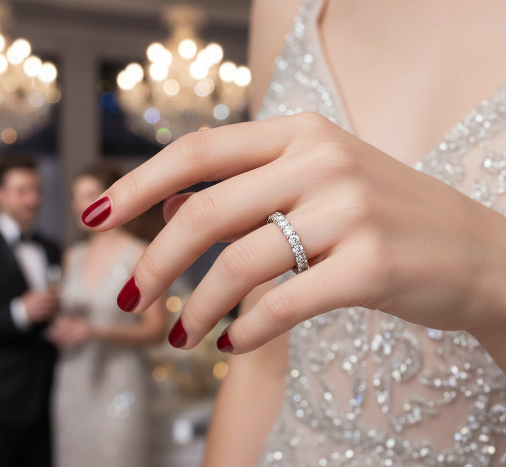 2.03 CT round lab-grown diamond full eternity ring worn on hand