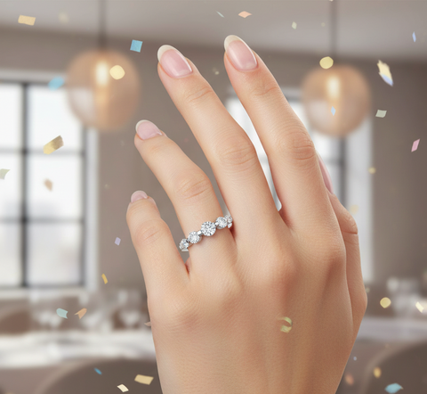 1.15 CT round lab-grown diamond half eternity wedding band worn on hand