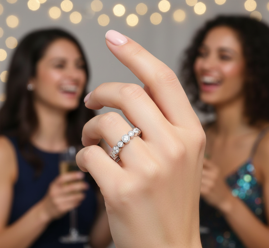 0.87 CT round lab-grown diamond full eternity ring worn on hand