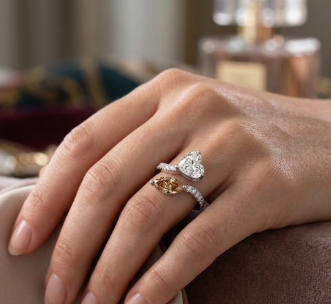 3.36 Ct Toi et Moi Heart & Marquise Lab Diamond Accent Bypass Ring