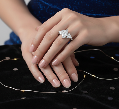 Marquise Cut Lab Diamond Three-Stone Engagement Ring · Trillion Side Stones