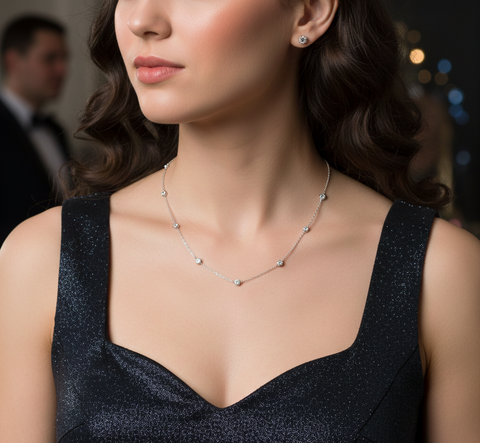 1.03 CT lab-grown diamond bezel set necklace worn on neck