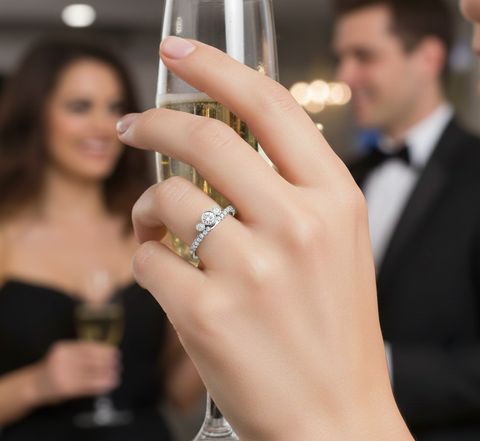 Round Lab-Grown Diamond Bezel Three-Stone Pavé Ring