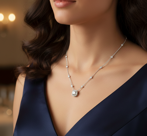 4.36 CT lab-grown diamond cushion halo necklace worn on neck