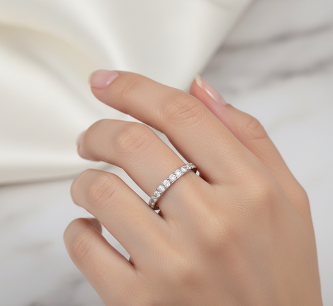 0.34 CT yellow gold lab-grown diamond half eternity band worn on hand