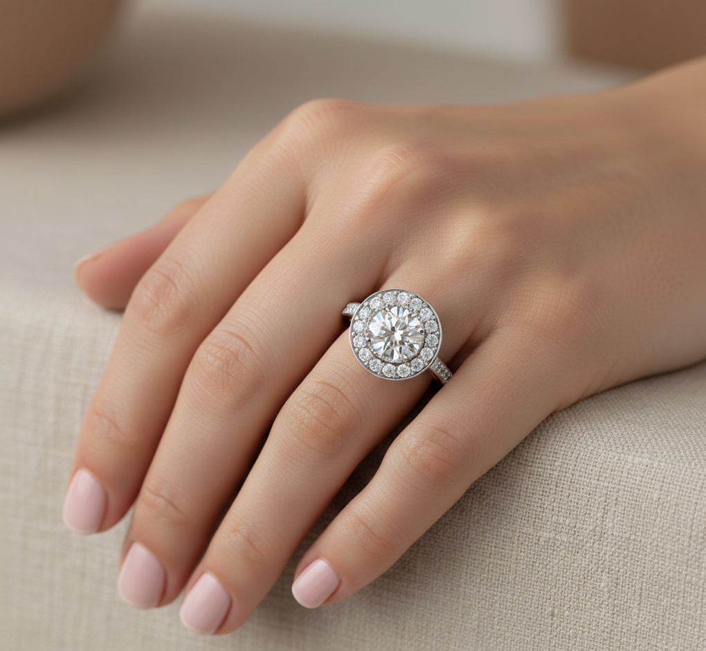 2.75 CT round lab-grown diamond double halo engagement ring worn on hand