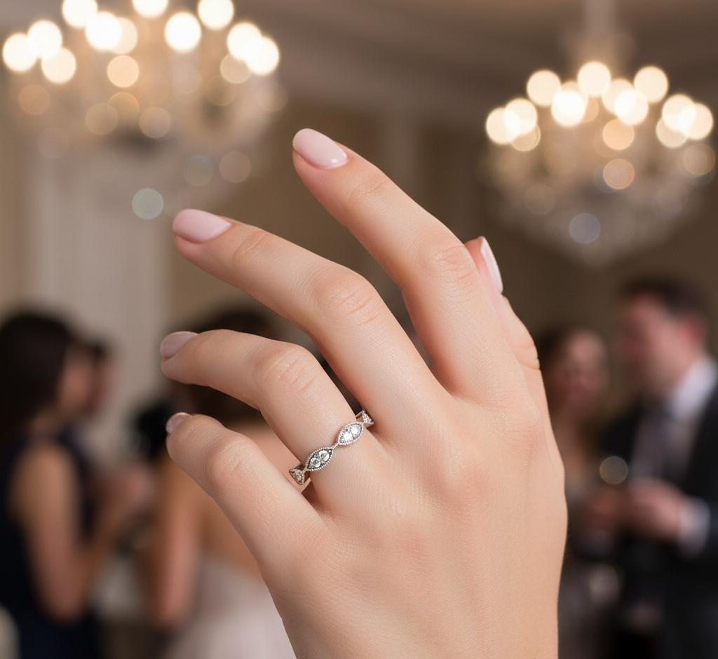 0.42 CT round lab-grown diamond wedding band worn on hand